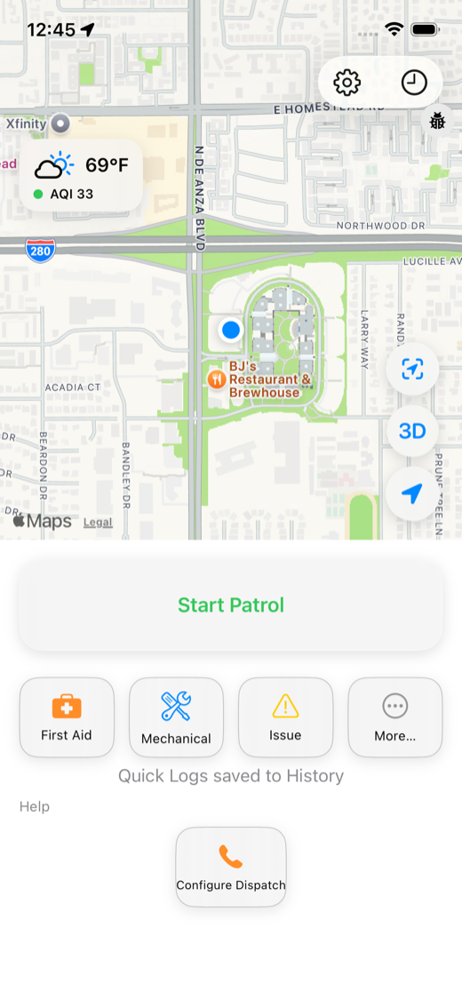 Bike Patrol main patrol screen showing current patrol controls and status.