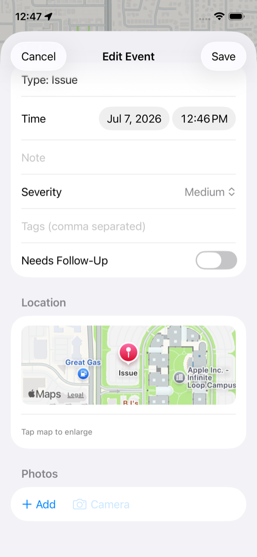 Quick event logging screen.