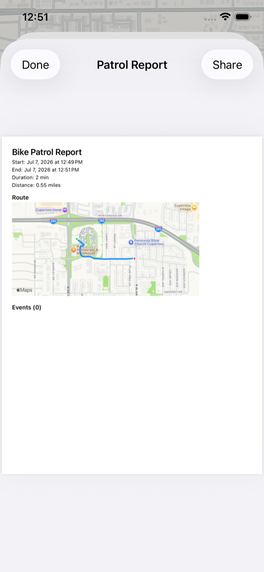 Route map screen with a patrol path overlay.